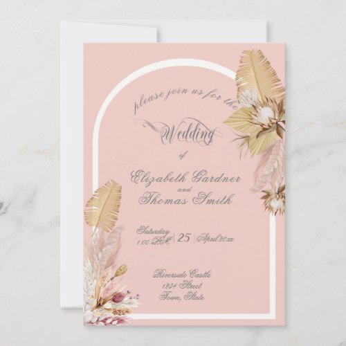 Bohemian Pompas Grass Tropical Leaves Wedding Invitation