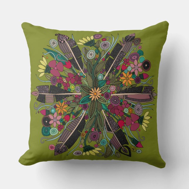 bohemian posy green throw pillow (Front)