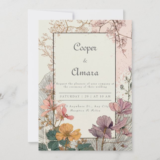 Bohemian Pressed Flower Gold Frame Autumn Wedding Invitation (Front)