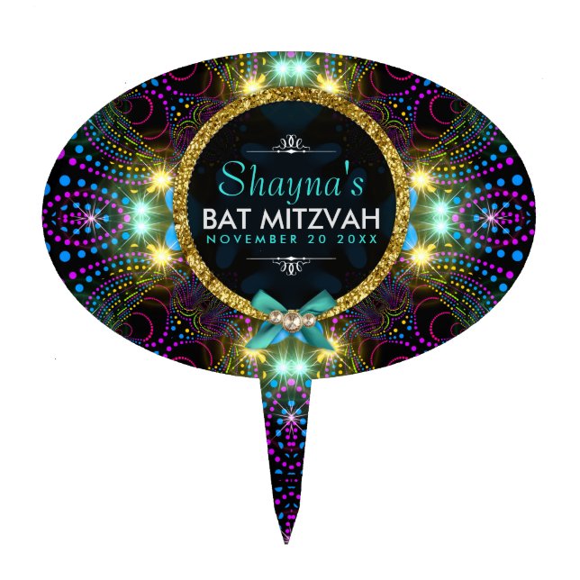 Bohemian Princess Pretty Lights Bat Mitzvah Cake Topper (Front)