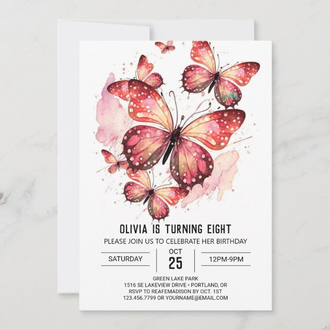 Bohemian Printable Butterfly Girl Birthday Invitation (Front)