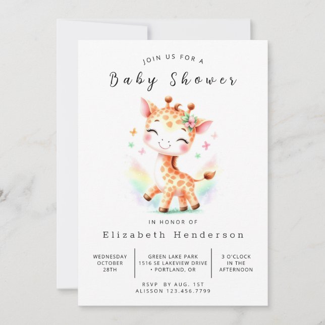 Bohemian Printable Giraffe Baby Shower Invitation (Front)