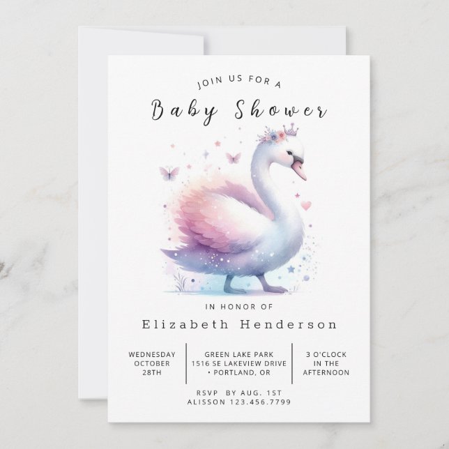 Bohemian Printable Swan Baby Shower Invitation (Front)