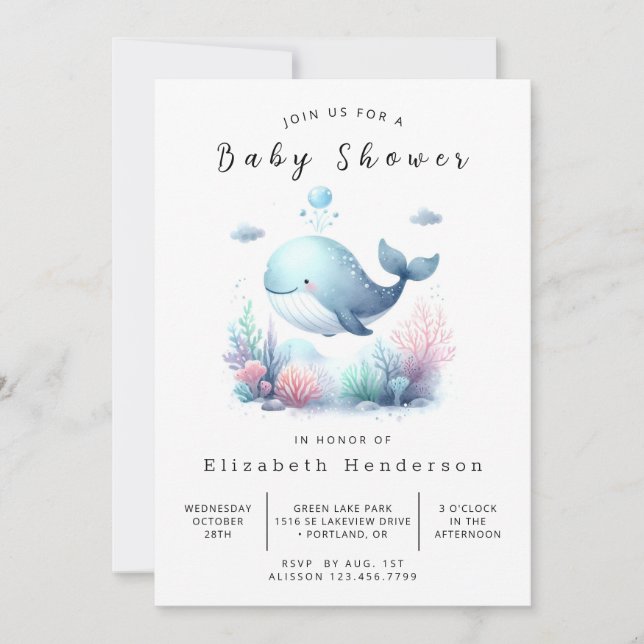 Bohemian Printable Whale Baby Shower Invitation (Front)