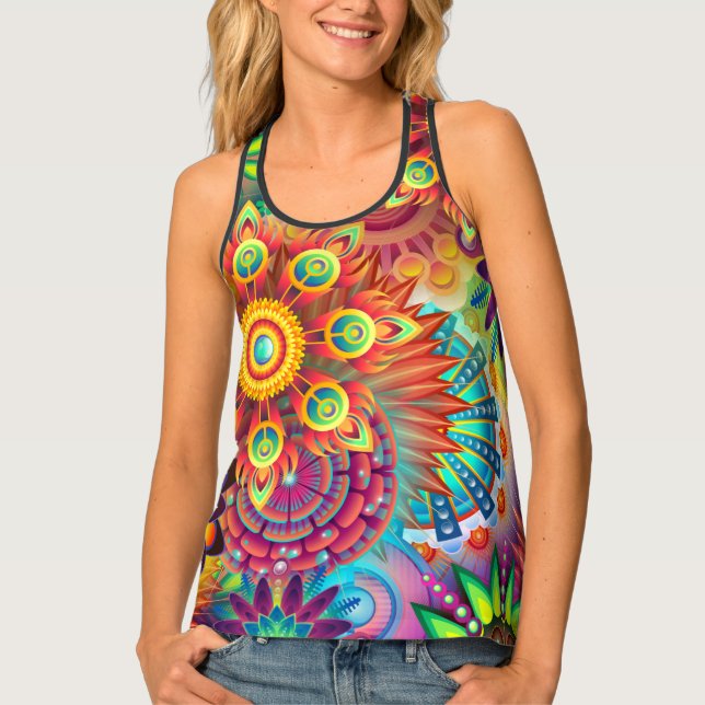 Bohemian Psychedelic Garden Retro 70s Design Tank Top (Front)
