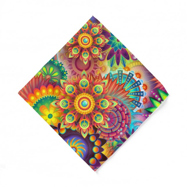 Bohemian Psychedelic Garden Retro Boho Colorful Bandana (Front)