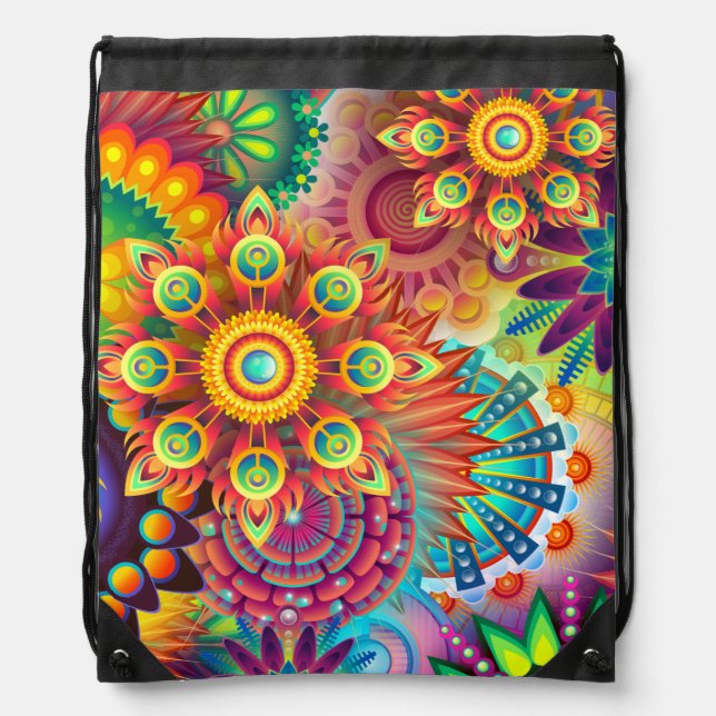 Bohemian Psychedelic Garden Retro Boho Colorful Drawstring Bag (Front)