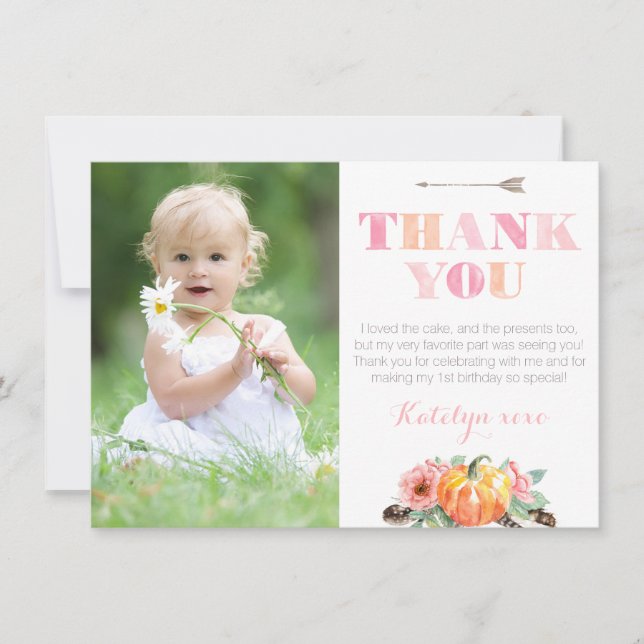 Bohemian Pumpkin Roses Fall Birthday Party Picture Thank You Card (Front)