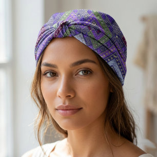Bohemian Purple & Green Geometric Embroidery Style Bandana