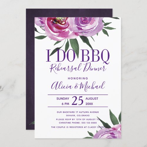 Bohemian purple i do bbq wedding rehearsal dinner invitation