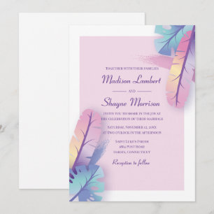 Bohemian Purple Watercolor Feathers Boho Wedding Invitation