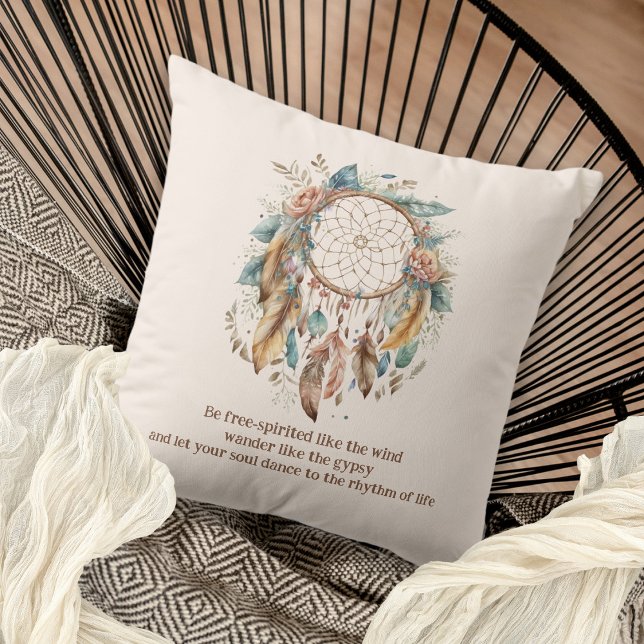 Bohemian Quote Dreamcatcher Cream Throw Pillow (The same design is on both sides)