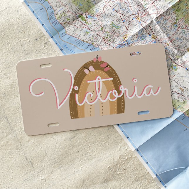 Bohemian Rainbow Butterflies Pink Name  License Plate (In Situ)