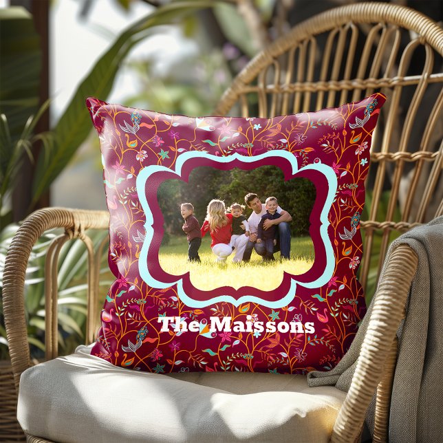 Bohemian Raspberry Photo With Name Outdoor Pillow (Creator Uploaded)