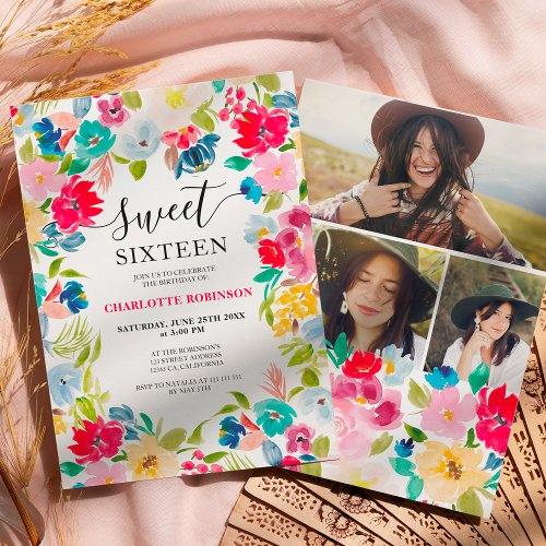 bohemian red blue floral photo Sweet 16 Invitation