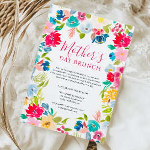 bohemian red blue floral watercolor mother's day invitation