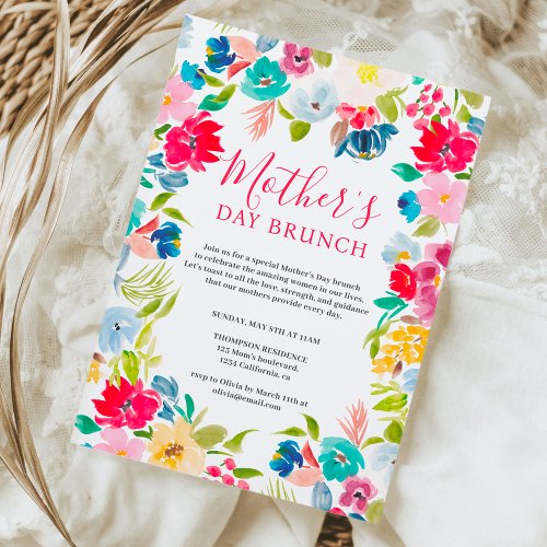 bohemian red blue floral watercolor mothers day invitation