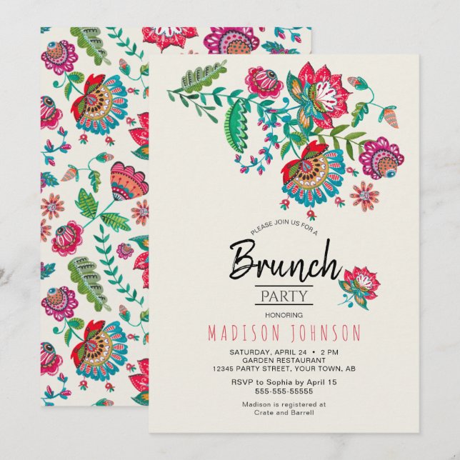 Bohemian Red Folk Flowers Brunch Party Invitation (Front/Back)