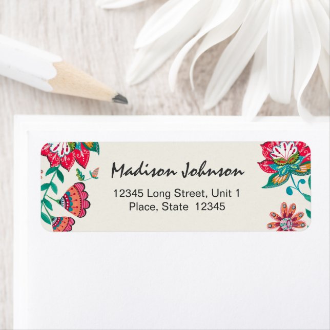 Bohemian Red Folk flowers Floral | Wedding Label (Insitu)