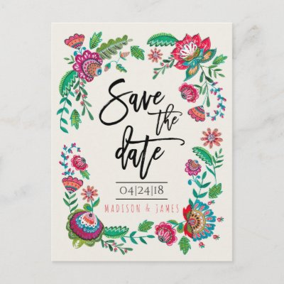 Bohemian Red & green Folk Flowers | Save the Date Announcement Postcard