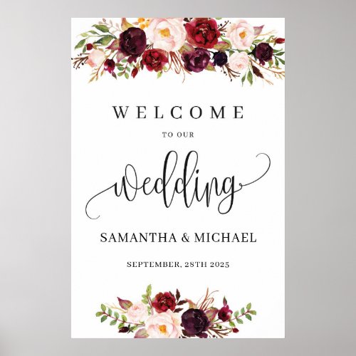 Bohemian red marsala floral blush wedding welcome poster