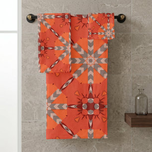 Bohemian Red Orange Grey Ethnic Folk Art Geometric Bath Towel Set