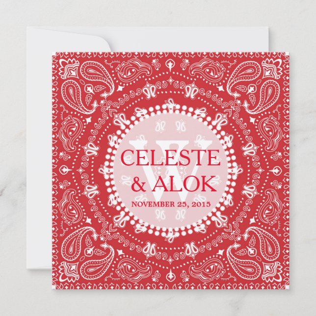 Bohemian Red & White Paisley Indian Wedding Invitation (Front)