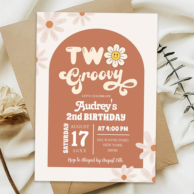 Bohemian Retro Daisy Two Groovy Second Birthday Invitation (Creator Uploaded)