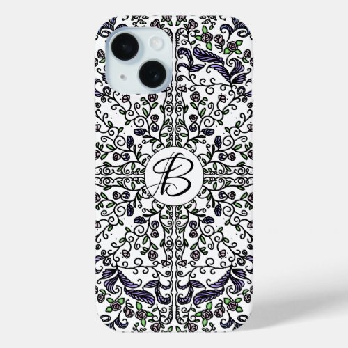 Bohemian rhapsody intricate floral monogram iPhone 15 case