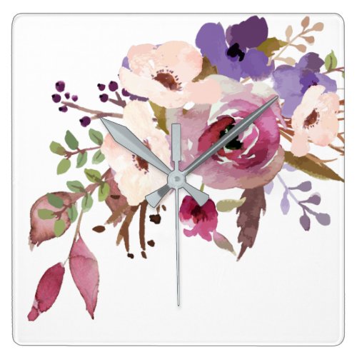 bohemian, Romantic , Watercolor Flower, boho Square Wall Clock