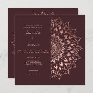 Bohemian rose gold floral mandala chic red wedding invitation