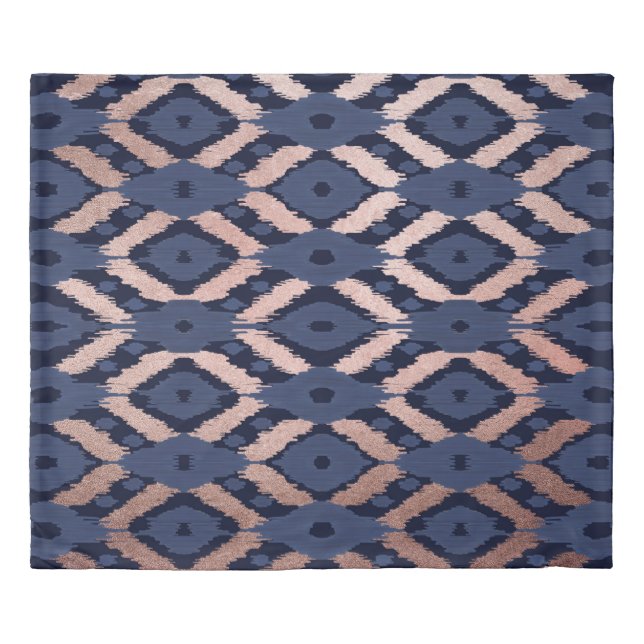 Bohemian Rose Gold Navy Blue Ikat Pattern Duvet Cover (Front)