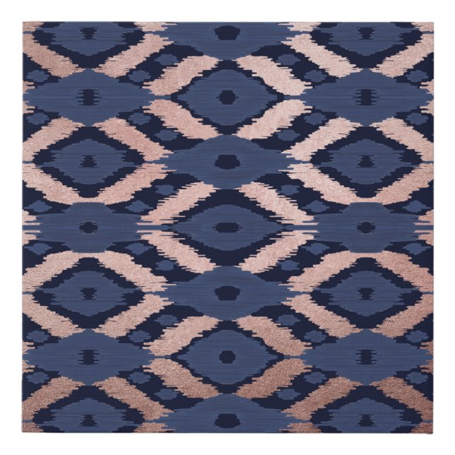 Bohemian Rose Gold Navy Blue Ikat Pattern Faux Canvas Print (Front)
