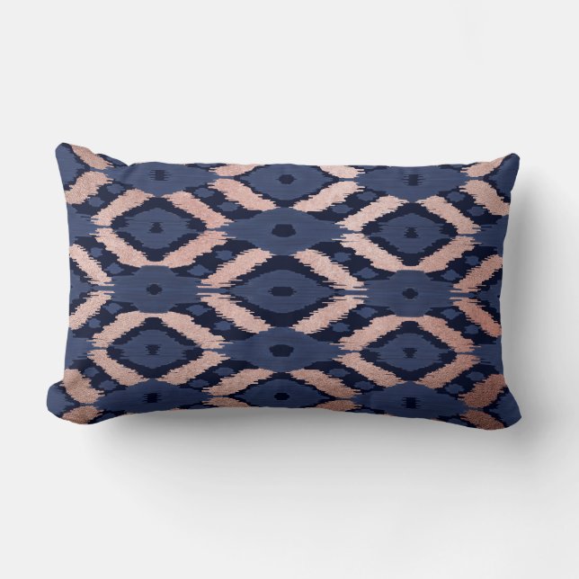 Bohemian Rose Gold Navy Blue Ikat Pattern Lumbar Pillow (Front)