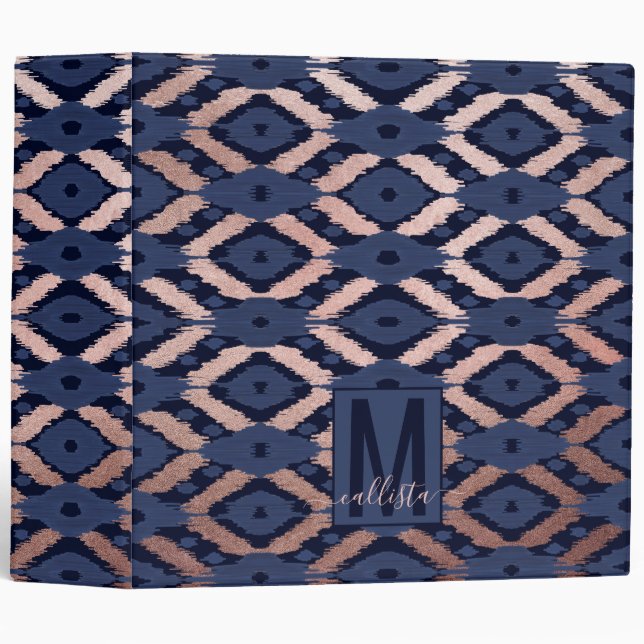 Bohemian Rose Gold Navy Blue Ikat Pattern Monogram 3 Ring Binder (Front/Spine)