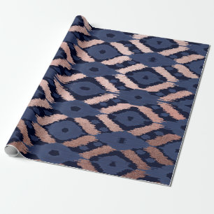 Bohemian Rose Gold Navy Blue Ikat Pattern Wrapping Paper