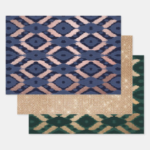Bohemian Rose Gold Navy Blue Ikat Pattern Wrapping Paper Sheets