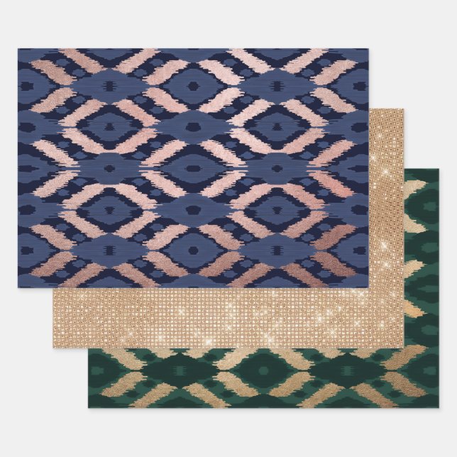 Bohemian Rose Gold Navy Blue Ikat Pattern Wrapping Paper Sheets (Set)