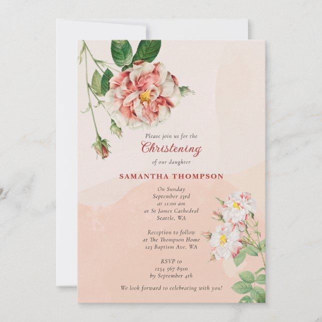 Bohemian Roses Baptism Christening Baby Girl Invitation (Front)