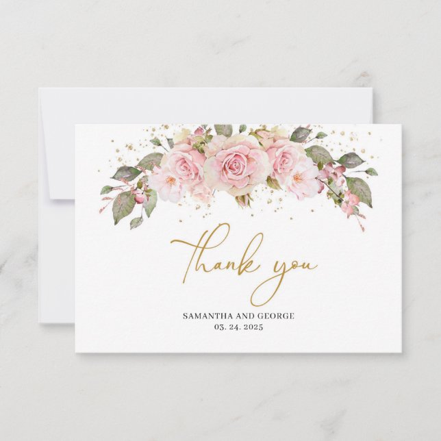 Bohemian roses flowers blush pink floral gold  thank you card (Front)