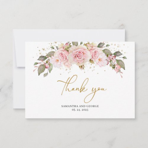 Bohemian roses flowers blush pink floral gold  thank you card