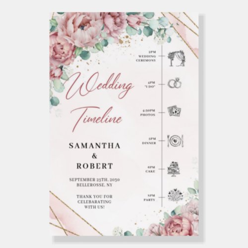 Bohemian roses peonies gold wedding timeline foam board