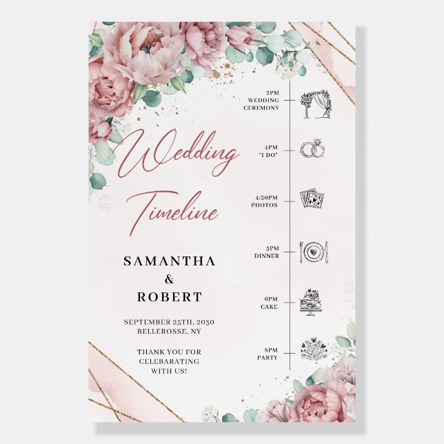Bohemian roses peonies gold wedding timeline foam board (Front)