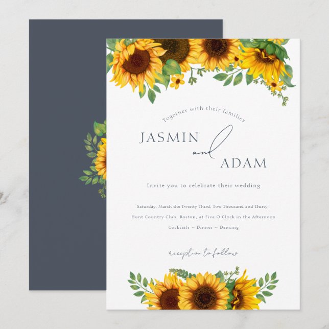 Bohemian Royal Blue Opulence Sunflowers Wedding Invitation (Front/Back)