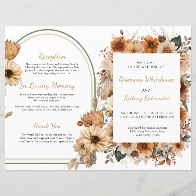 Bohemian Rustic Autumn Floral Wedding Program (Front)