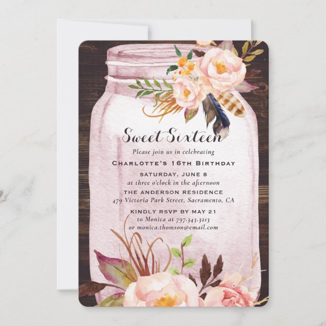 Bohemian Rustic Mason Jar Pink Sweet 16 Birthday Invitation (Front)