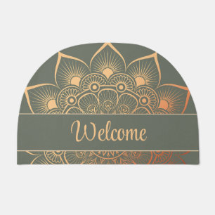 Bohemian Sage Green and Peach Mandala Custom Text Doormat