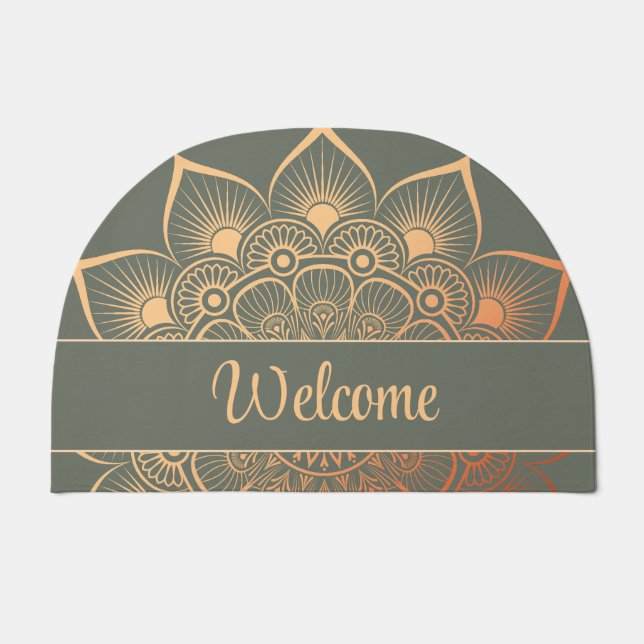 Bohemian Sage Green and Peach Mandala Custom Text Doormat (Front)