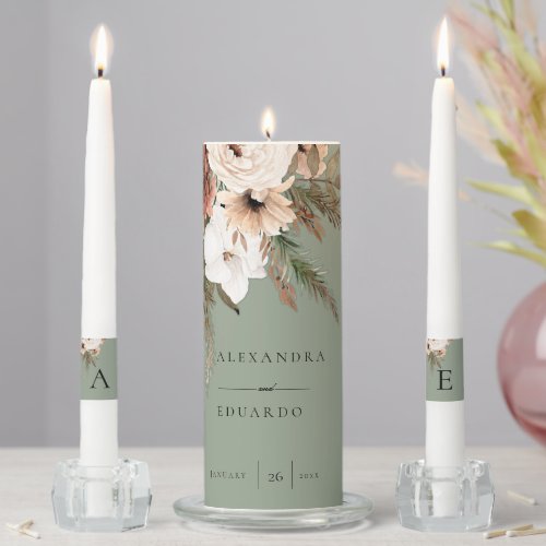 Bohemian Sage Green and Wildflowers Wedding  Unity Candle Set