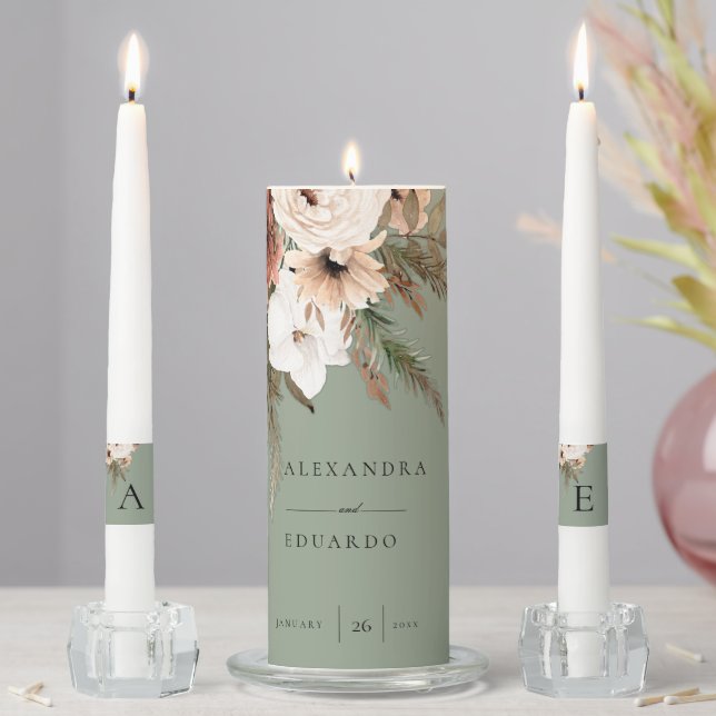 Bohemian Sage Green and Wildflowers Wedding  Unity Candle Set (In Situ)